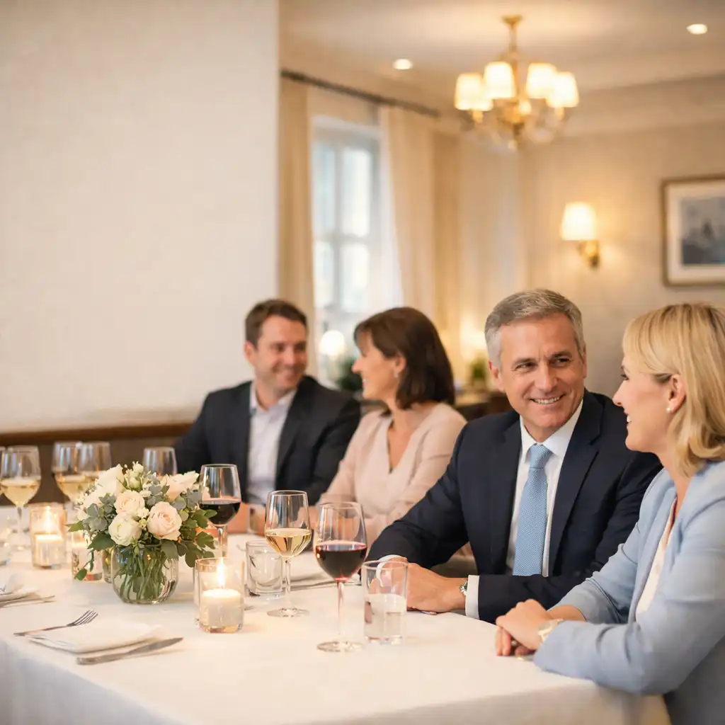 Beszélgető vendégek egy világos, elegáns éttermi vállalati vacsorán